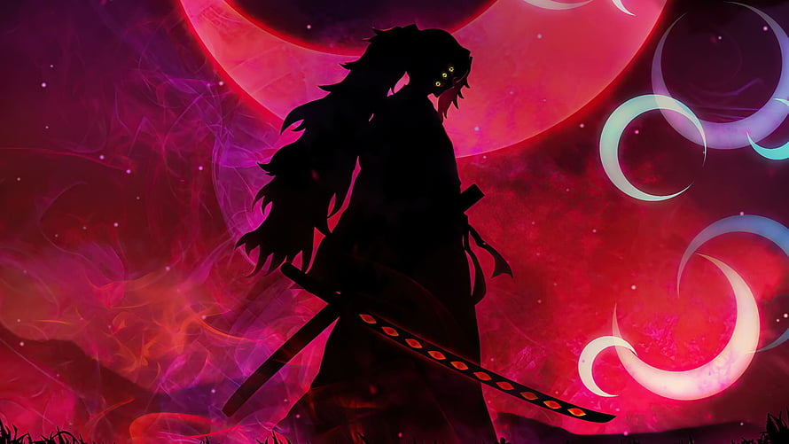 Silhouette of a long-haired swordsman with glowing eyes against a crimson moon and swirling purple energy HD wallpaper