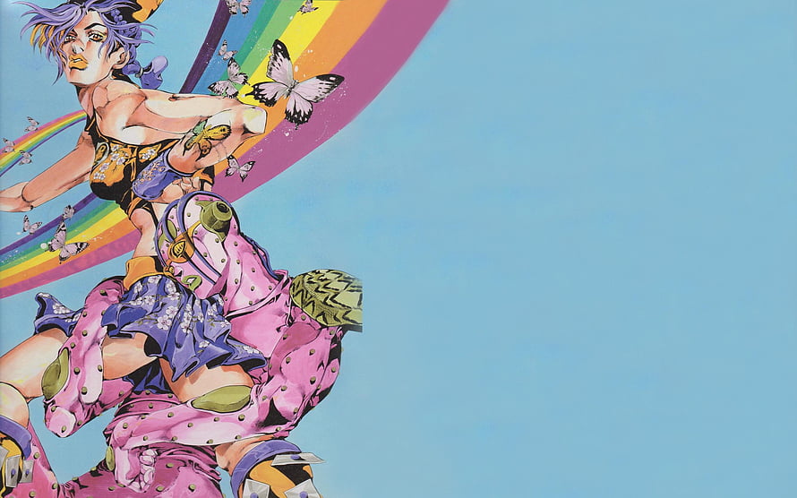 Jolyne Cujoh from JoJo's Bizarre Adventure Part 7 Stone Ocean in Dynamic Pose with Rainbow and Butterflies HD wallpaper