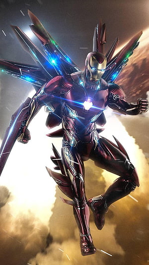 Iron Man in a futuristic crimson and gold armored suit with glowing blue energy wings soaring through a dramatic sky, Avengers Endgame Iron Man Suit , iron man endgame HD phone wallpaper