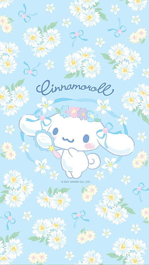 Cinnamoroll Sanrio Character Wearing Flower Crown on Pastel Blue Daisies Background HD phone wallpaper
