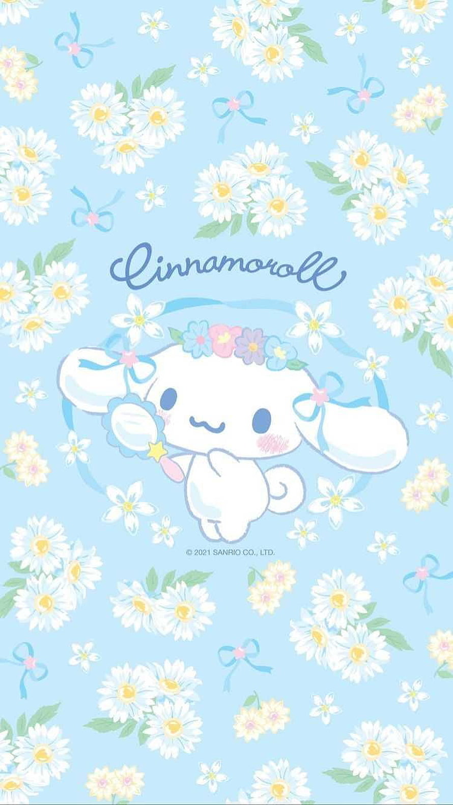 Cinnamoroll Sanrio Character Wearing Flower Crown on Pastel Blue Daisies Background HD phone wallpaper