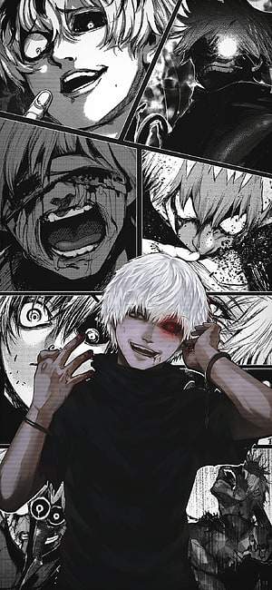 Ken Kaneki from Tokyo Ghoul in a dramatic manga panel collage with intense expressions and dark horror atmosphere HD phone wallpaper