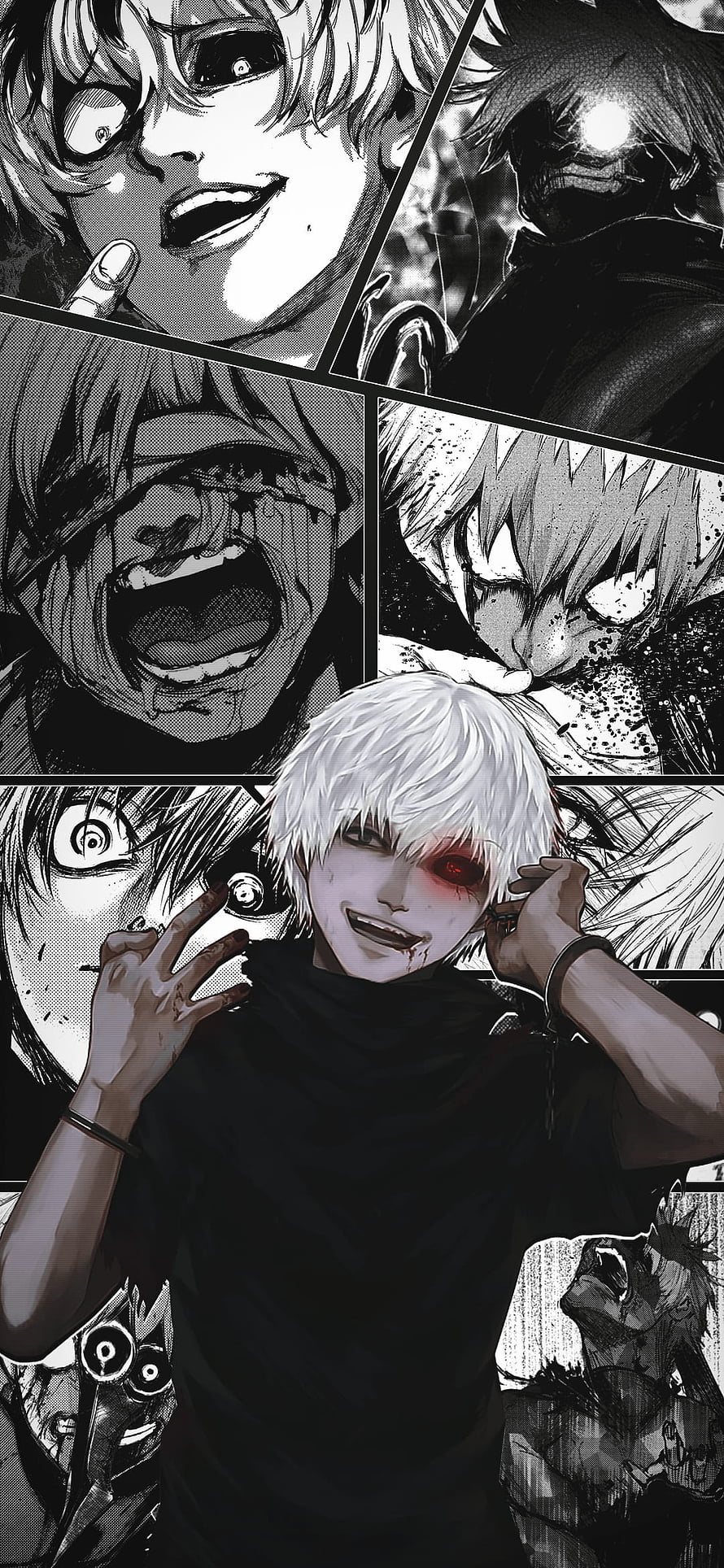 Ken Kaneki from Tokyo Ghoul in a dramatic manga panel collage with intense expressions and dark horror atmosphere HD phone wallpaper