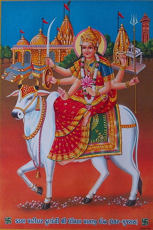 Umiya Maa Divine Deity Riding White Bull with Sword and Trident in Traditional Indian Temple Art HD phone wallpaper
