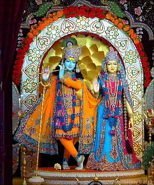 Prem Mandir Vrindavan Krishna and Radha Murti with Ornate Floral Arch HD phone wallpaper