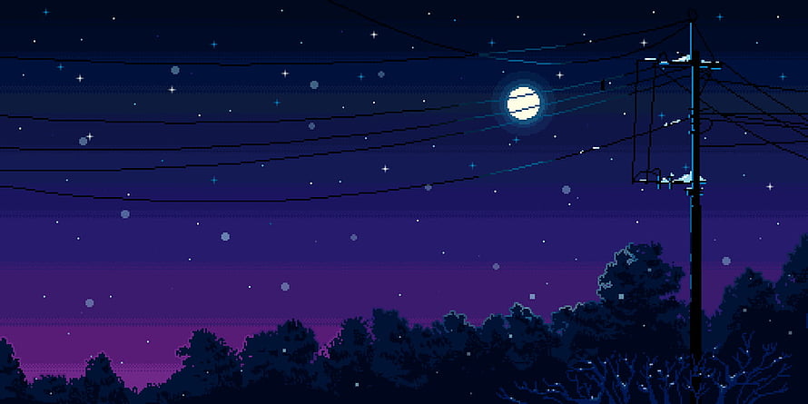 Pixel Art Night Sky with Moon, Stars, and Silhouetted Trees HD wallpaper