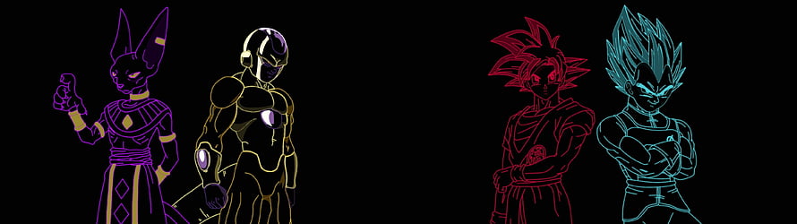 Dragon Ball Z Neon Line Art Featuring Beerus, Zeno, Goku, and Vegeta on Black Background HD wallpaper