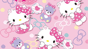 Cute Hello Kitty and Bear Pattern on Soft Pink Background HD wallpaper