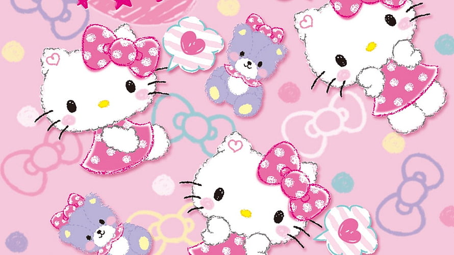 Cute Hello Kitty and Bear Pattern on Soft Pink Background HD wallpaper