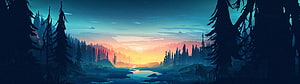 Stylized Forest Landscape at Sunset with River and Pine Trees HD wallpaper