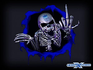 Metallic Skeleton Skull with NFL Shield Breaking Through Blue Paint on Black Background HD wallpaper