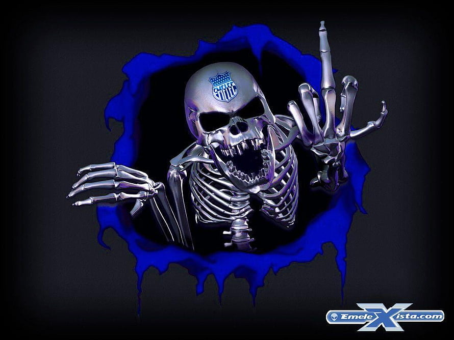 Metallic Skeleton Skull with NFL Shield Breaking Through Blue Paint on Black Background HD wallpaper