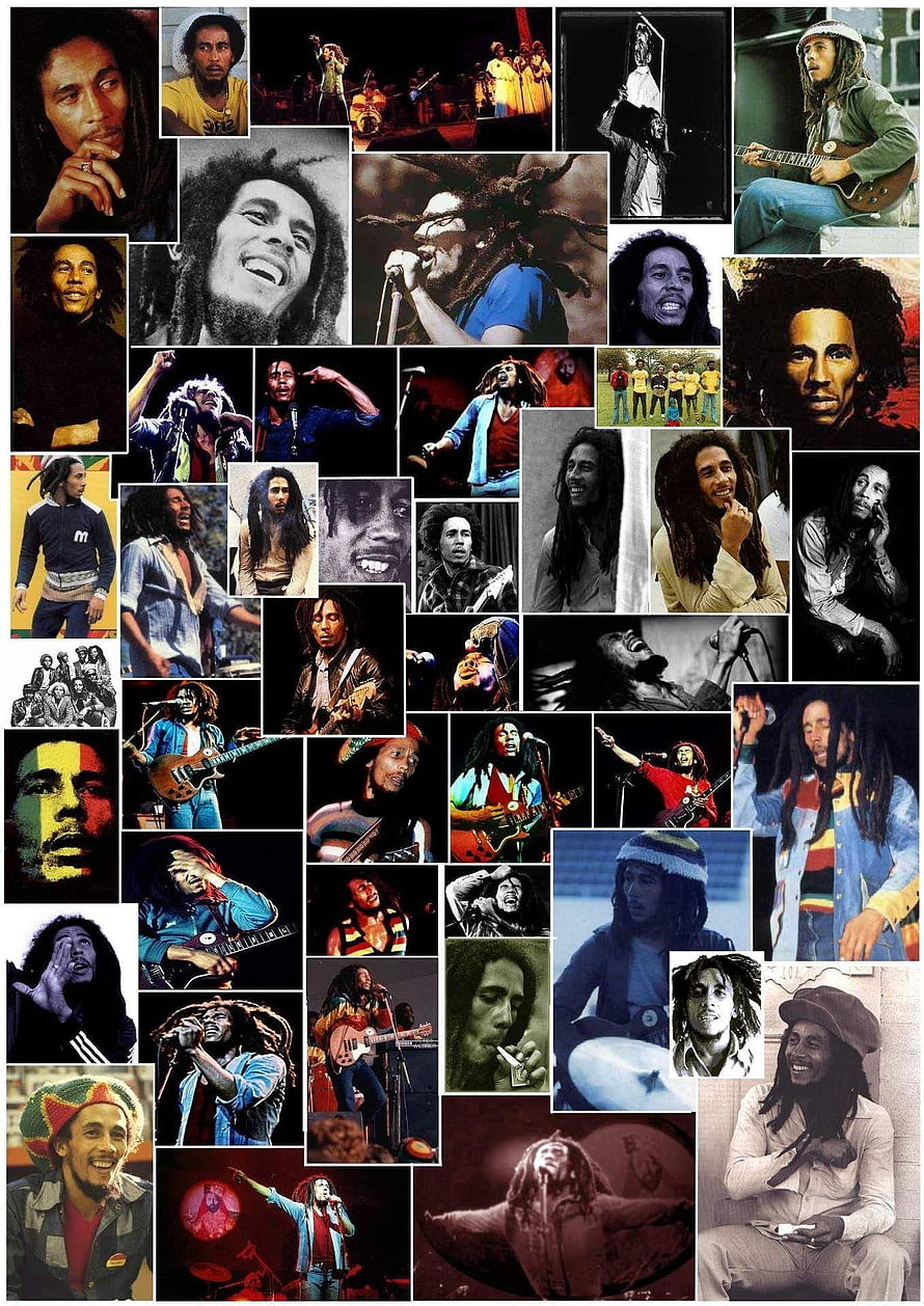 Bob Marley Reggae Musician Collage with Dreadlocks and Rasta Colors HD phone wallpaper