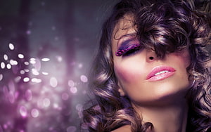 Glamorous Beauty Portrait With Dramatic Purple Makeup And Curly Hair HD wallpaper