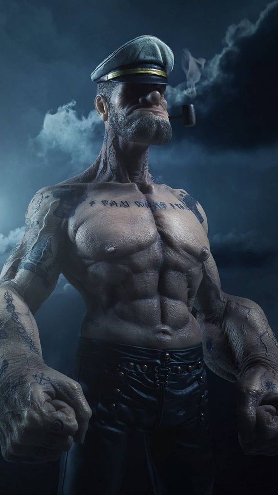 Popeye the Sailor Muscular Character Art with Pipe and Captain Hat HD phone wallpaper
