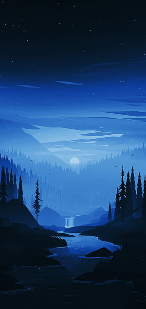 Serene Nighttime Forest Landscape with Moonlit River and Starry Sky Digital Art HD phone wallpaper