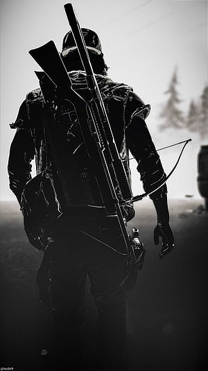 Silhouetted Armed Soldier with Rifle and Bow in Dramatic Black and White HD phone wallpaper