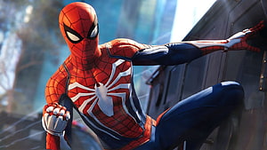 Spider-Man in Red and Blue Suit Swinging Through City Streets in Cinematic Video Game Art HD wallpaper