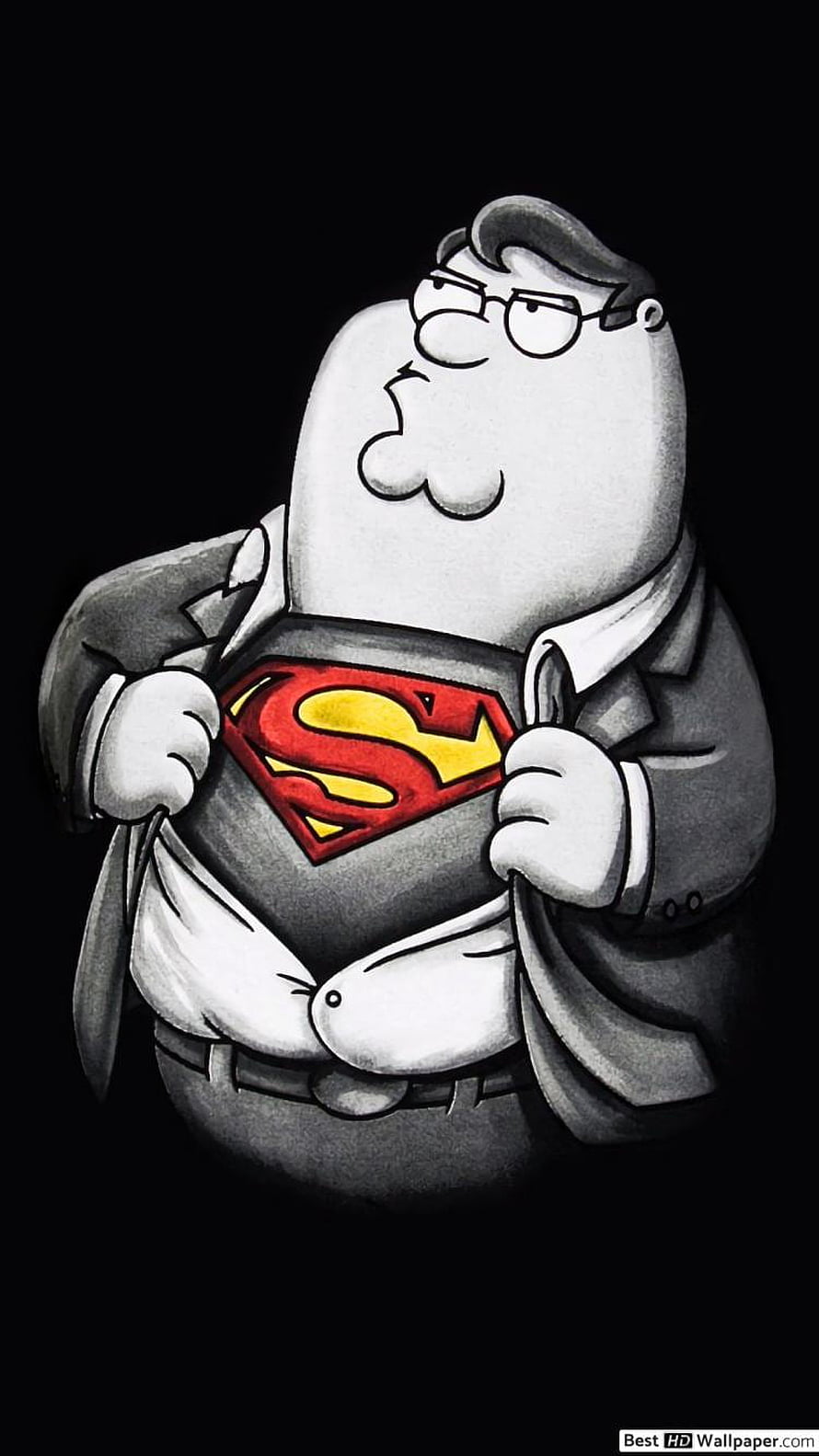 Peter Griffin Revealing Superman Emblem in Black and White Cartoon Illustration HD phone wallpaper