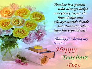 Happy Teachers Day Greeting Card with Yellow Roses, Books, and Scroll on Pastel Background HD wallpaper