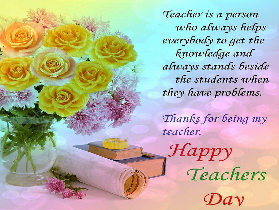 Happy Teachers Day Greeting Card with Yellow Roses, Books, and Scroll on Pastel Background HD wallpaper