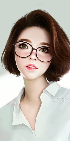 Digital Portrait of a Young Woman with Short Brown Hair and Round Glasses HD phone wallpaper