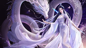 Ethereal White Dragon and Long-Haired Woman in Flowing White Robes HD wallpaper