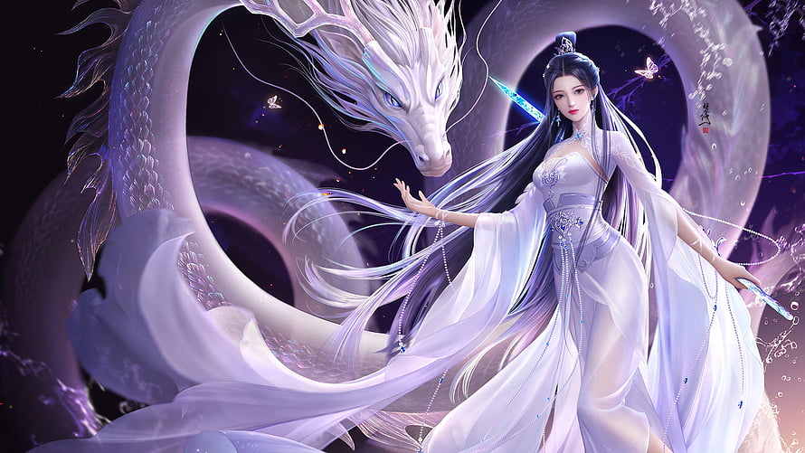 Ethereal White Dragon and Long-Haired Woman in Flowing White Robes HD wallpaper