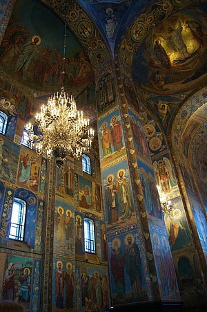 Interior of Orthodox Church with Mosaic Icons and Chandelier HD phone wallpaper