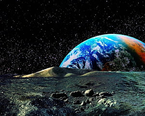 Earth Rising Over a Rocky Lunar Landscape in Deep Space HD wallpaper