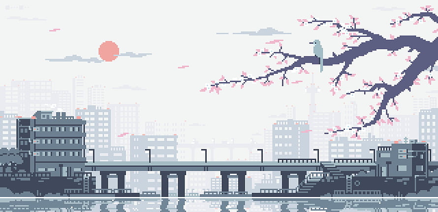 Japanese Cityscape Pixel Art with Cherry Blossom Tree and Red Sun HD wallpaper
