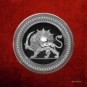 Silver Persian Lion and Sun Emblem on Red Velvet Background HD phone wallpaper