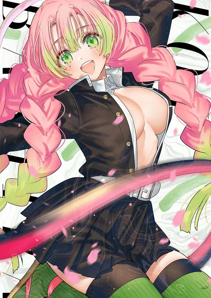 Mitsuri Kanroji from Demon Slayer in Black Uniform with Pink Braids and Green Eyes HD phone wallpaper