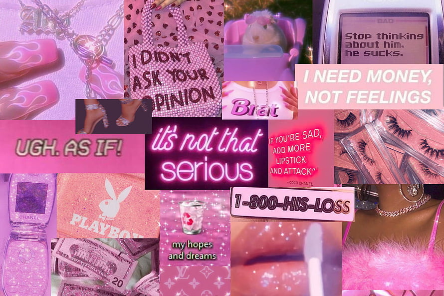 Pink Baddie Aesthetic Collage Featuring Brat Culture, Neon Quotes, and Y2K Fashion Accessories HD wallpaper