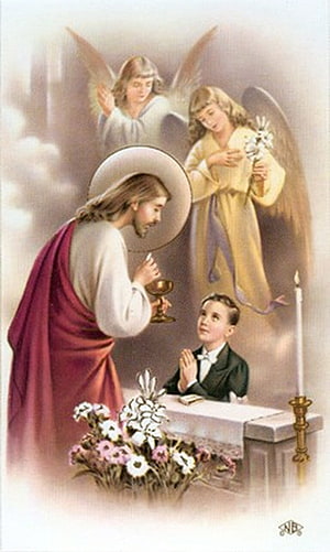 Jesus Christ Administering First Holy Communion to a Boy with Angels and Flowers HD phone wallpaper