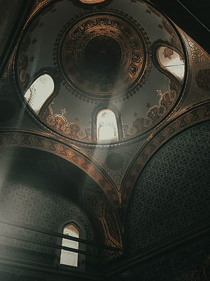 Ornate Islamic Dome Interior with Intricate Geometric Patterns and Arched Windows HD phone wallpaper