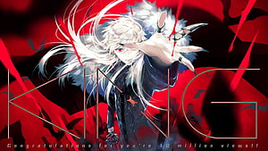Kuzuha Anime Character with White Hair and Red Eyes Reaching Forward Against Crimson Background HD wallpaper