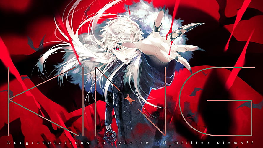 Kuzuha Anime Character with White Hair and Red Eyes Reaching Forward Against Crimson Background HD wallpaper