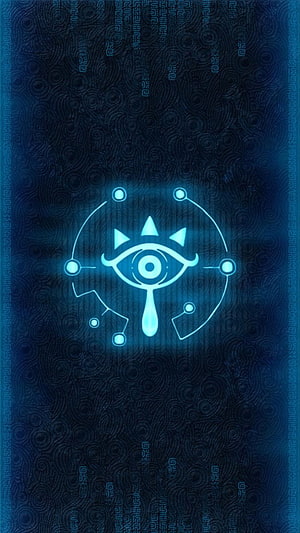 Glowing Sheikah Eye Symbol with Circuit Design on Dark Blue Background HD phone wallpaper