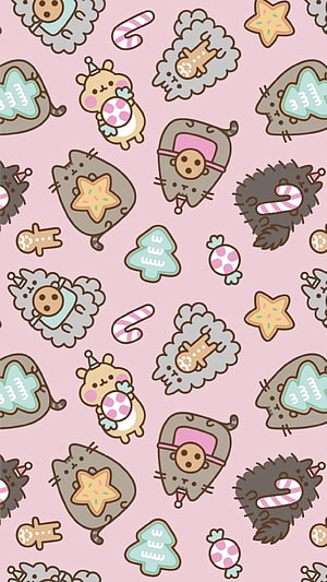 Pusheen the Cat Christmas Pattern with Gingerbread, Candy Canes, and Holiday Treats on Pink Background HD phone wallpaper