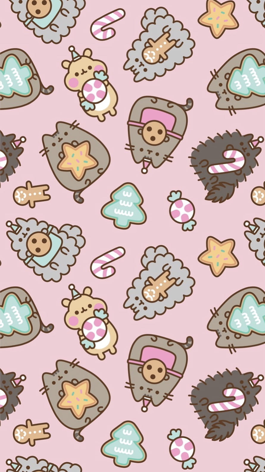 Pusheen the Cat Christmas Pattern with Gingerbread, Candy Canes, and Holiday Treats on Pink Background HD phone wallpaper
