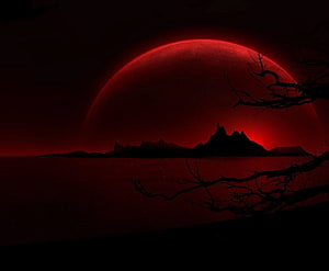 Eerie Blood Red Moon Rising Over Dark Silhouetted Landscape and Water HD wallpaper