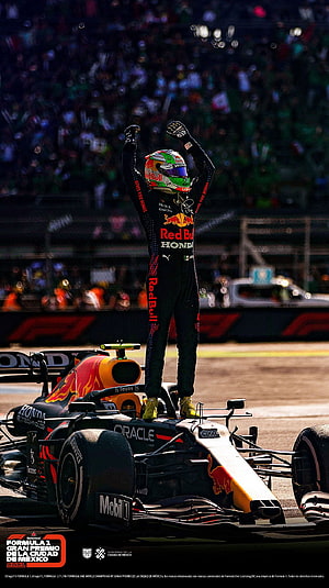 Sergio Perez Celebrates Victory on Red Bull Racing Car at Mexico City Grand Prix HD phone wallpaper