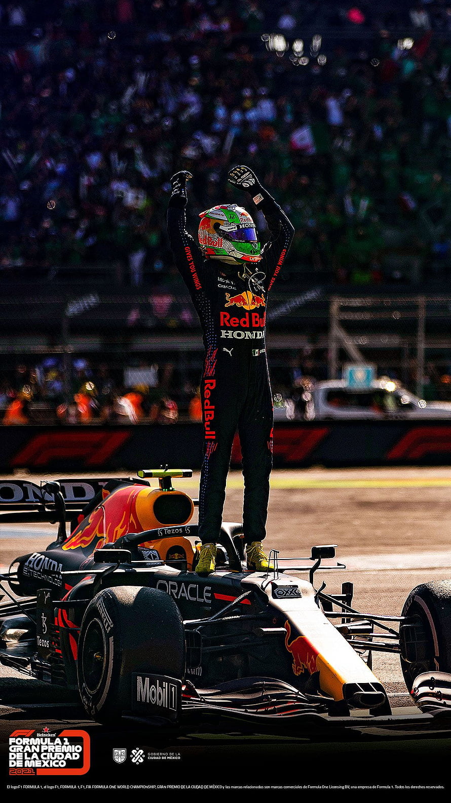 Sergio Perez Celebrates Victory on Red Bull Racing Car at Mexico City Grand Prix HD phone wallpaper