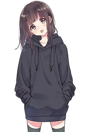 Cute Anime Girl in Oversized Black Hoodie with Hands in Pockets HD phone wallpaper