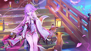 Yae Miko from Genshin Impact with foxes and crystalfly in a lantern-lit shrine HD wallpaper