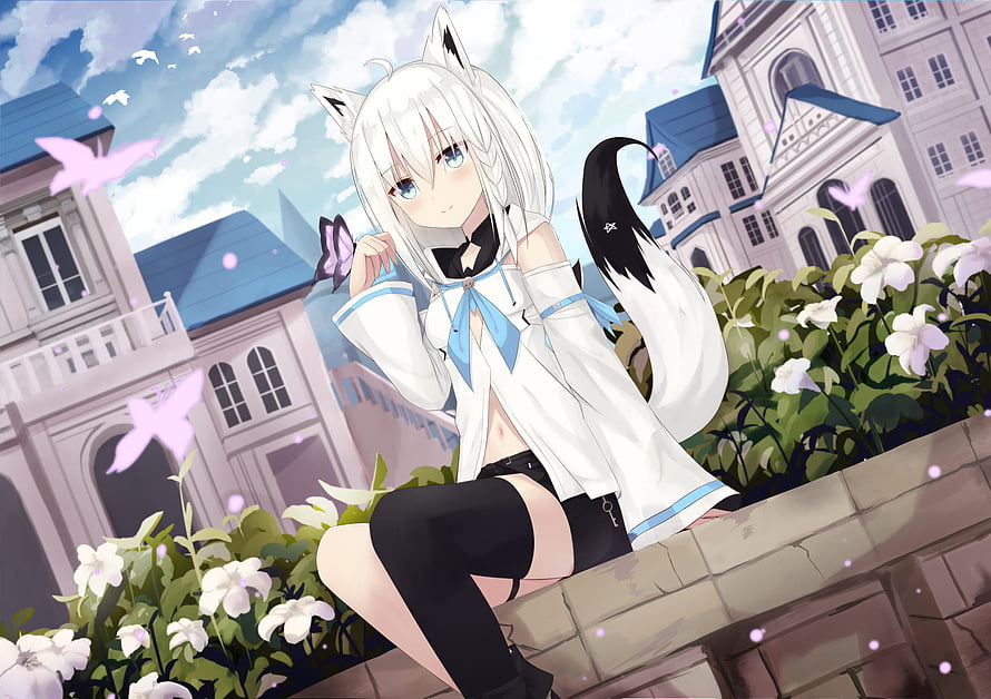Shirakami Fubuki anime character in white outfit with cat ears sitting on a stone wall surrounded by flowers and butterflies HD wallpaper