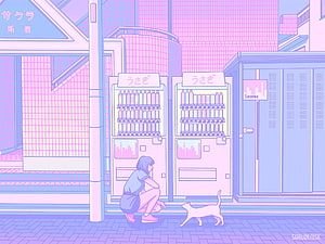 Pastel Anime Girl Crouching Beside Cat at Tokyo Vending Machines HD wallpaper