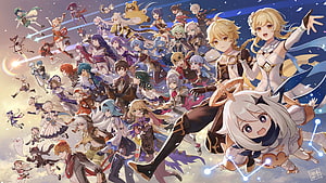 Genshin Impact Character Group Artwork with Aether and Paimon HD wallpaper