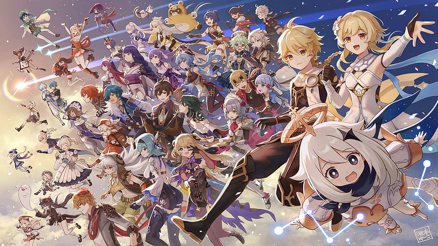 Genshin Impact Character Group Artwork with Aether and Paimon HD wallpaper